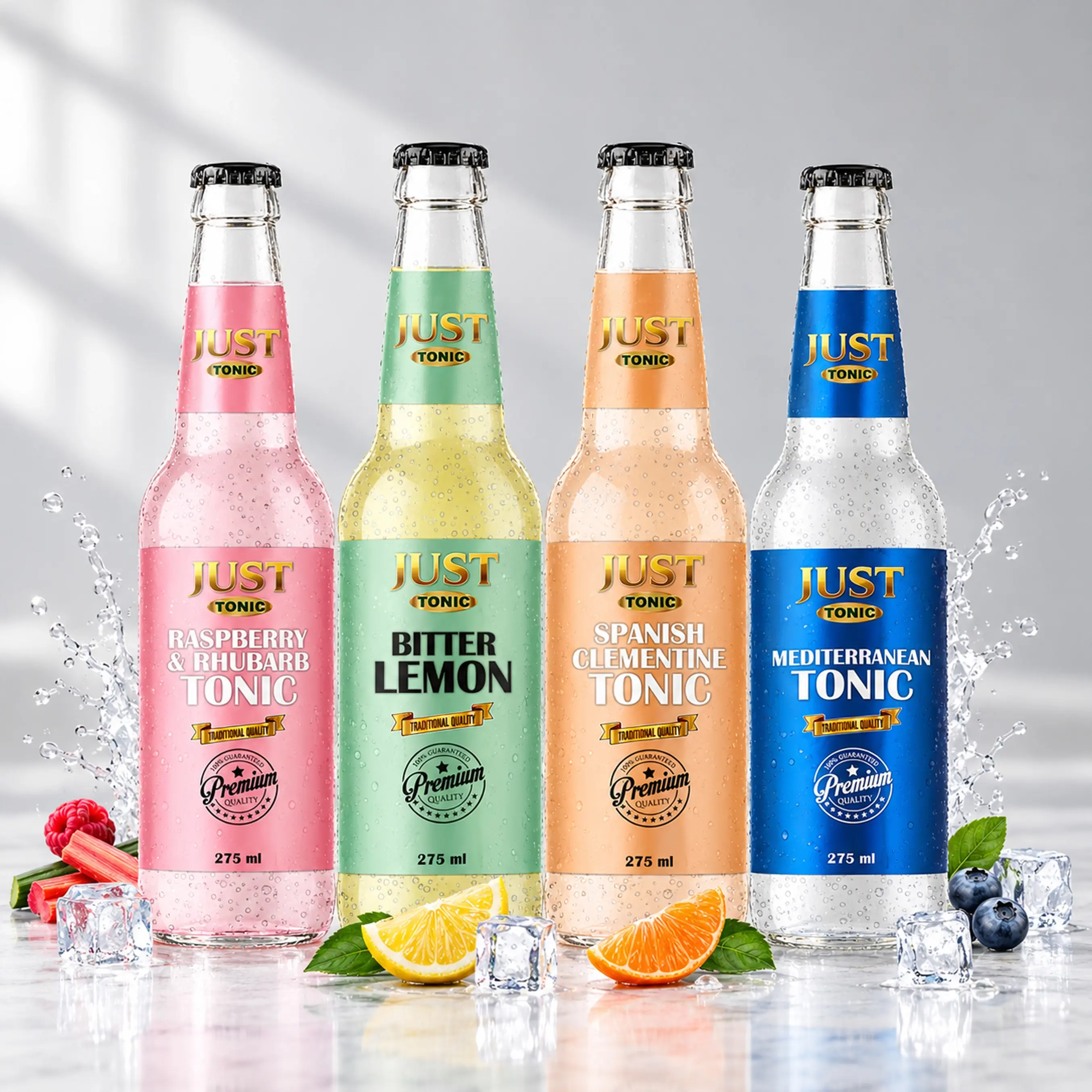 JUST Tonic 275 ml glass bottles featuring Raspberry &amp;amp; Rhubarb, Bitter Lemon, Spanish Clementine, and Mediterranean Tonic flavours.